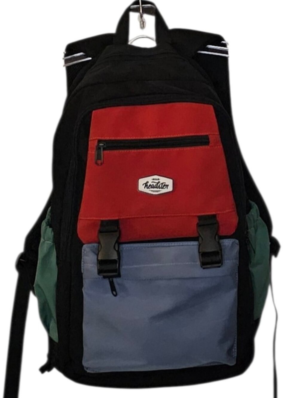 Headster Black Backpack Green Red Blue Pockets w Cushioned Breathable Straps